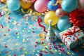 Birthday party background with confetti and gift box on blue table Royalty Free Stock Photo