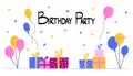 Birthday party background. Horizontal banner with air balloons confetti and gifts, poster with copy space, anniversary celebration Royalty Free Stock Photo