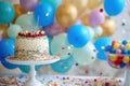 Birthday party balloons with cake. Generate Ai Royalty Free Stock Photo
