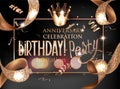 Birthday party banner with golden textured ribbon.