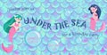 Birthday party banner. Mermaid poster. Underwater seabed. Girl invitation or greeting card. Deep ocean seascape. Kids