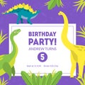 Birthday Party Banner Template, Placard, Invitation Card, Flyer with Cute Dinosaurs Vector Illustration Royalty Free Stock Photo