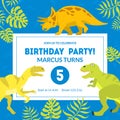 Birthday Party Banner Template, Placard, Invitation Card or Flyer with Dinosaurs Vector Illustration Royalty Free Stock Photo