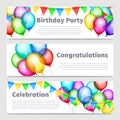 Birthday party banners with celebration rainbow balloons vector set Royalty Free Stock Photo