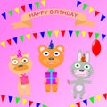 Birthday party. Birthday card. Cute animals present gifts. Royalty Free Stock Photo