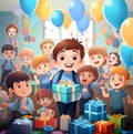 A birthday party boy holding a gift with many balloons in the background Royalty Free Stock Photo