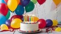 Birthday party cake or anniversary party cake with balloons and cake with rainbow colors Royalty Free Stock Photo