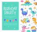 Birthday Party Card Template, Baby Shower Invitation, Greeting Card with Cute Funny Dinosaurs Seamless Pattern Vector Royalty Free Stock Photo