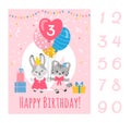 Birthday party card template with numbers,bunny and kitty holding balloons.Vector flat illustration. Royalty Free Stock Photo