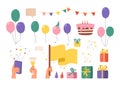Birthday party cartoon elements. Colorful balloons, cake with candles, flags garlands, gifts and fireworks. Hand hold