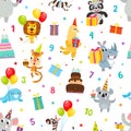 Birthday party cartoon seamless pattern with animals isolated on white. Royalty Free Stock Photo