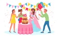 Birthday party celebration for teen princess vector illustration. Cartoon beautiful girl and friends celebrate with cake Royalty Free Stock Photo