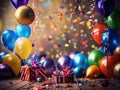 Birthday party with colorful balloons, confetti, and presents. A large box is placed on floor in front of an open gift