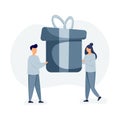 Birthday party concept, preparing presents. People celebrating birthday, man and woman holding big gift Royalty Free Stock Photo