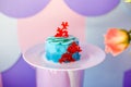 Birthday party concept. Table for kids with cupcakes with blue and red top and decored items in bright blue and purple colors.