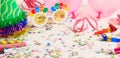 Birthday party. Confetti and serpentines on wooden background Royalty Free Stock Photo