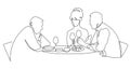 Birthday party continuous one line vector drawing. Woman and guests sitting at table drink wine, toast.