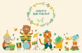 Birthday party cute jungle animal banner. Music celebration animals, holiday background. Bear tiger elephant play