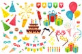 Birthday party cute set in flat cartoon design. Bundle of festive hat, firework, garland, cake, gift, balloon, glasses, crown,