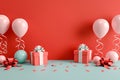 Birthday party with a 3D birthday gift box, balloons, 3d festive celebration party theme background Royalty Free Stock Photo