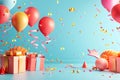 Birthday party with a 3D birthday gift box, balloons, 3d festive celebration party theme background, generated ai Royalty Free Stock Photo