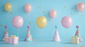 Birthday party decorations include balloons, streamers, hats, and gift boxes on minimalist blue background Royalty Free Stock Photo