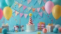 Birthday party decorations include balloons, streamers, hats, and gift boxes on minimalist blue background Royalty Free Stock Photo