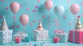 Birthday party decorations include balloons, streamers, hats, and gift boxes on minimalist blue background Royalty Free Stock Photo