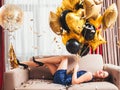 Birthday party delighted smiling lady balloons Royalty Free Stock Photo