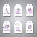 Birthday party doodle gift tags. Vector template banners for poster, invitation, flyer, party, wedding, brochure with