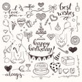 Birthday party, love, wedding doodle style vector illustration clipart isolated on white background. Hand drawn elements Royalty Free Stock Photo