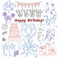 Birthday Party Doodles Elements Background. Vector Illustration For Invitations, Design And Packages Product.