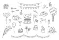 Birthday party doodles set. Vector black and white hand drawn kid birthday elements isolated. Scribble outline objects cake, party Royalty Free Stock Photo