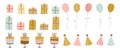 Birthday party elements collection. Cakes, balloons, gifts and party hats. Festive set in a simple style, decorative elements