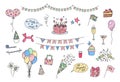 Birthday party elements set. Funny doodles. Vector colorful hand drawn kid bday design objects isolated. Cake, party hat, cracker Royalty Free Stock Photo