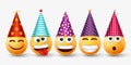 Birthday party emoji, emoticon in cone hat. Happy yellow cool celebrate laughing characters, smile feel or happy good Royalty Free Stock Photo