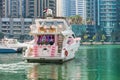Birthday party event on luxury yacht. Festive sailboat with white, pink balloon decorations for a birthday celebration