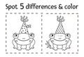 Birthday party find differences and color game for children. Anniversary black and white educational activity with funny frog in
