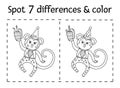 Birthday party find differences and color game for children. Anniversary black and white educational activity with funny monkey