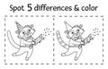 Birthday party find differences and color game for children. Anniversary black and white educational activity with raccoon in