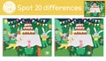 Birthday party find differences game for children. Holiday educational activity with funny animals in the night forest. Printable