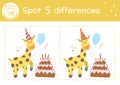 Birthday party find differences game for children. Holiday educational activity with funny giraffe with cake and balloon.