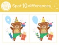 Birthday party find differences game for children. Holiday educational activity with funny jumping bear with balloon. Printable