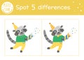 Birthday party find differences game for children. Holiday educational activity with funny raccoon with cracker. Printable