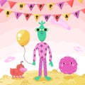 Birthday party funny and cute space greeting card with cartoon aliens and monsters. Royalty Free Stock Photo