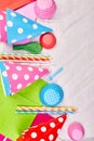 Birthday or party greeting card, colorful festival items, party. Royalty Free Stock Photo