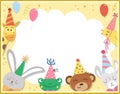 Birthday party greeting card template with cute animals. Anniversary poster or invitation for kids. Bright holiday illustration