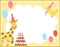 Birthday party greeting card template with cute cake and animals. Anniversary poster or invitation for kids. Bright holiday