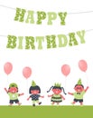 Birthday party. Greeting Card template. Invitation template. Cute children dance. Green Happy Birthday letters