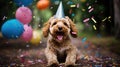 birthday party of Happy cute labradoodle dog with party hat surrounded by falling confetti on blue background. Royalty Free Stock Photo